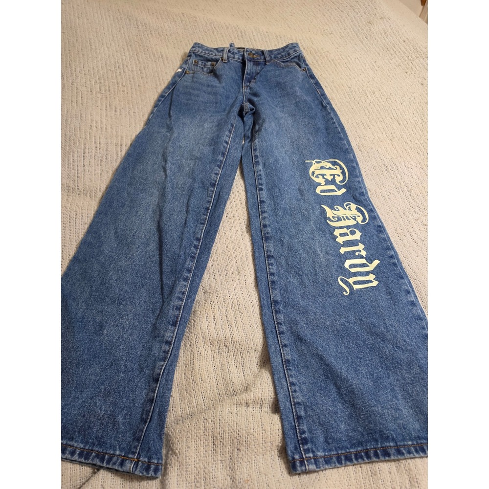 Ed Hardy Wide Leg Cinch Back Jeans Blue Graphic Born Free Tattoo Denim 24
